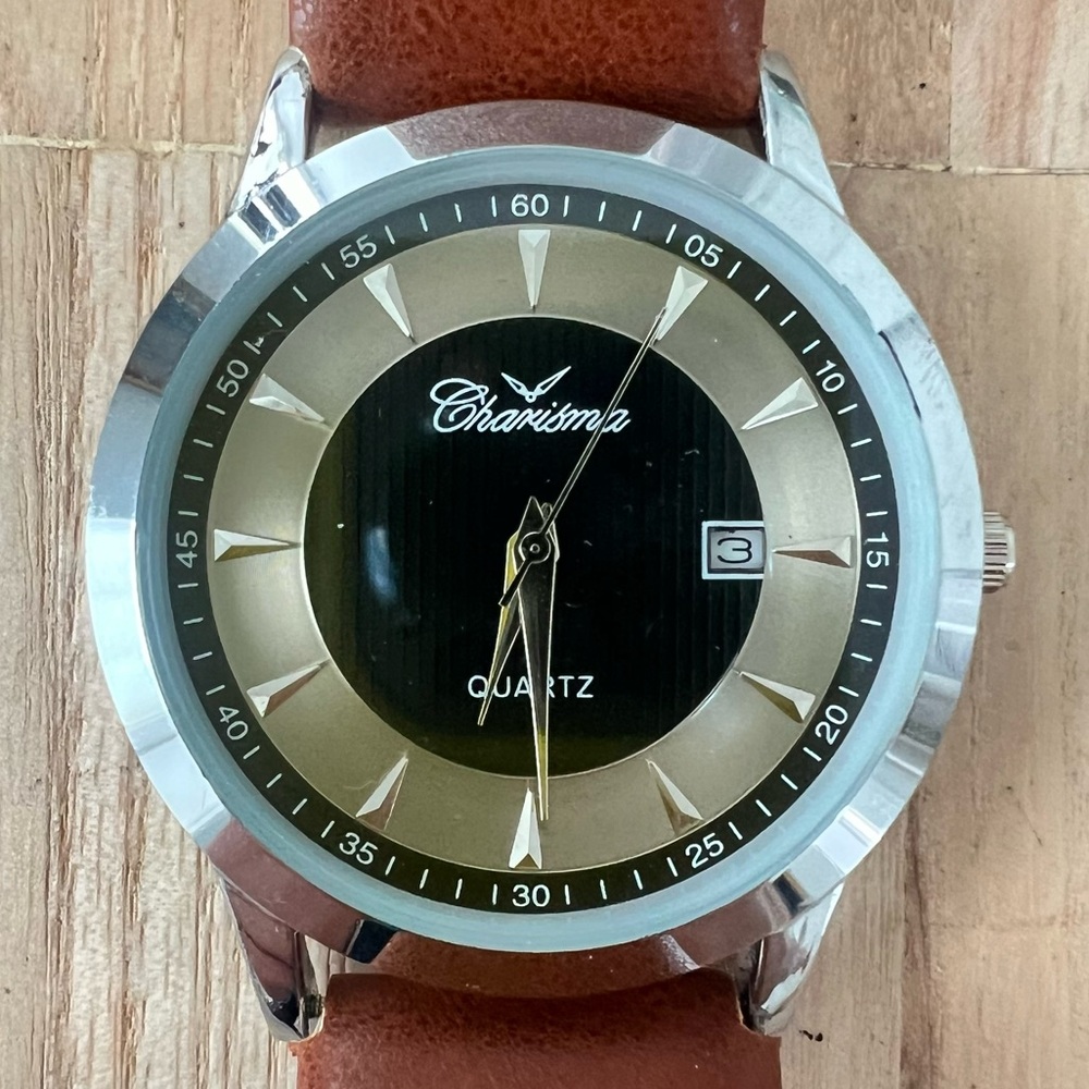 Charisma mens silver tone brown leather dress watch NEW BATTERY
